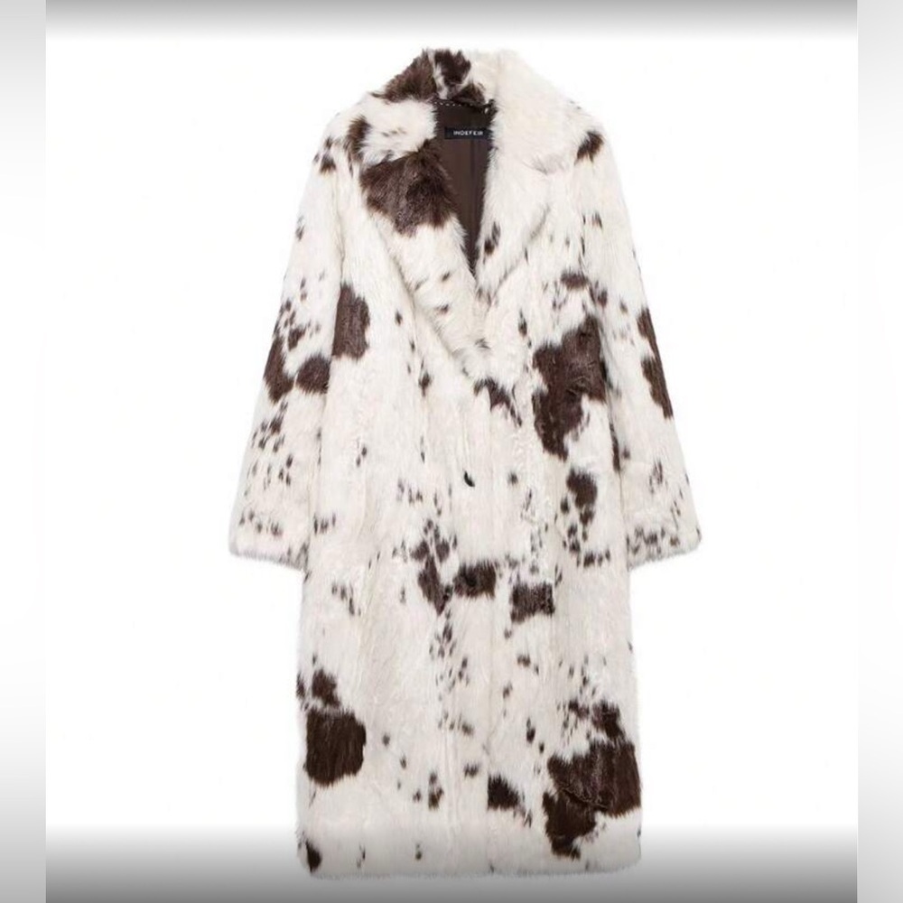 ✨NEW Heavyweight Stylish Women's Brown and White Cow Print Faux Fur Coat - Picture 5 of 5